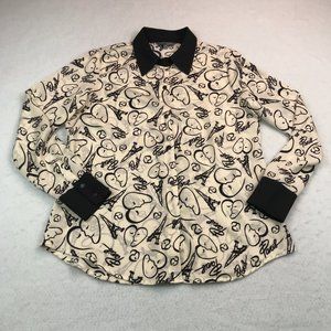 Catherine Malandrino Blouse Womens Medium Paris Eiffel Tower Semi-Sheer Love